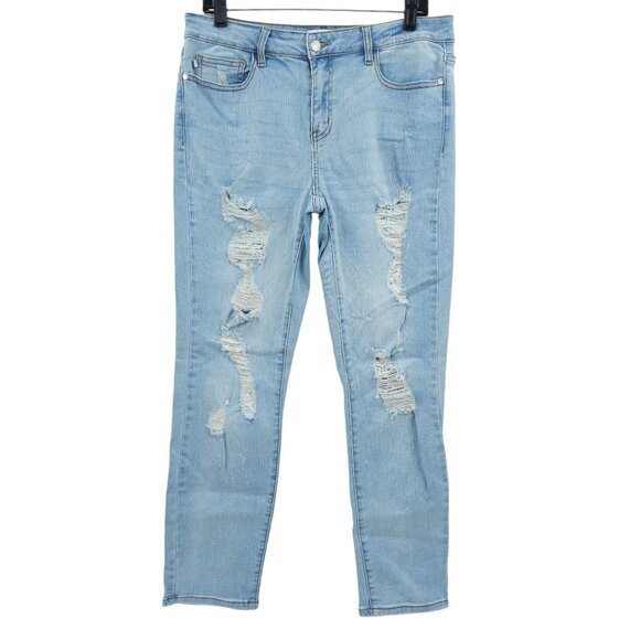 Judy Blue Jeans Boyfriend Fit Size 11/30 Distressed Stretchy Mid Rise Light Wash - Picture 1 of 12
